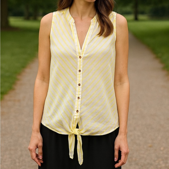 Anthropologie Maeve Yellow Stripe Sleeveless Buttondown Top Size 10 Tie Front - Picture 1 of 7